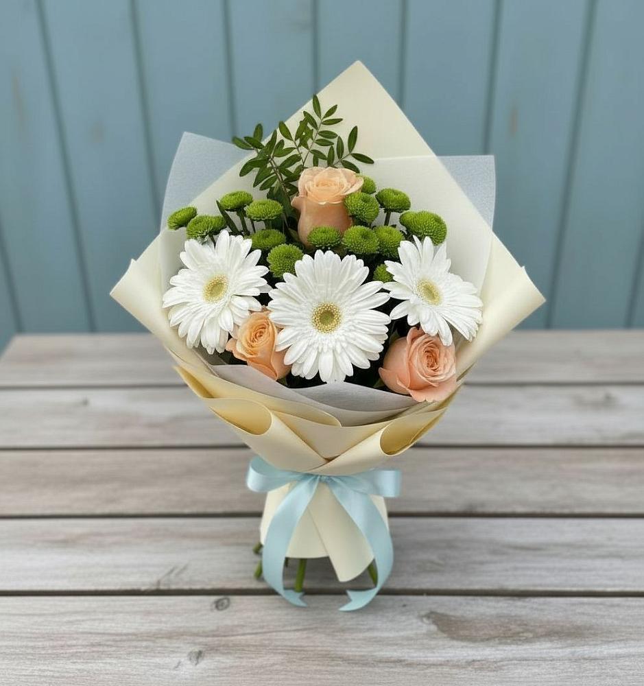 Букет герберы и розы в Алексеевке Самарской области Букет цветов из: Герберы, Розы и Хризантемы в Алексеевке Самарской области